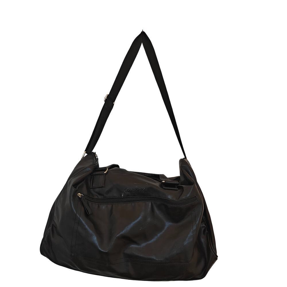 Calvin Klein Black Faux Leather Duffle Weekender Travel Bag w Strap